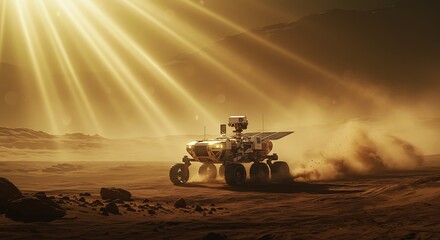 Martian Rover: Golden Hour Exploration in a Dusty Landscape