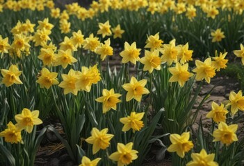 Obraz premium Dense cluster of daffodils, vivid yellow petals, green stems, floral, gold