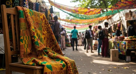 Obraz premium Vibrant Kente Cloth Draped on Wooden Chair at a Lively African Market