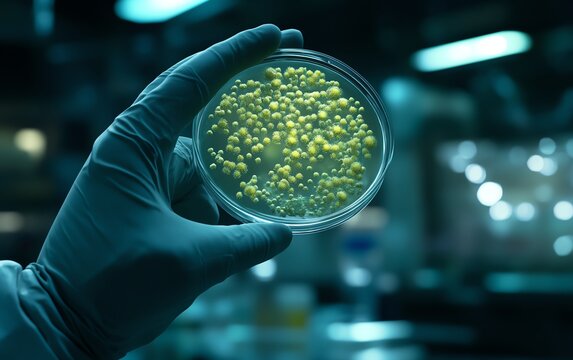 Science lab environment featuring a petri dish full of exotic bacteria held by researcher, dynamic lighting, ultra HD textures, professional scientific setup