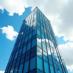 Obraz premium - High-rise building with blue tinted windows reflecting cloudy sky, reflections, urban