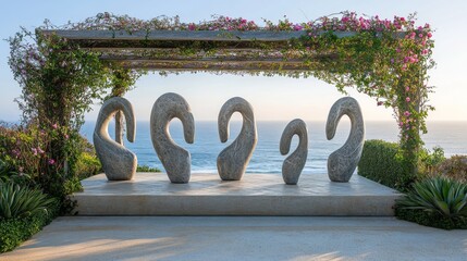 Five polished stone sculptures of abstract human forms are arranged artfully in an open-air gallery overlooking the ocean.