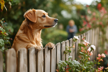 Golden Retriever looking over the wooden fence in the garden, illustration, background