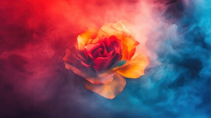 A stunning rose in shades of red and yellow emerges from swirling blue and red smoke, creating an enchanting visual experience