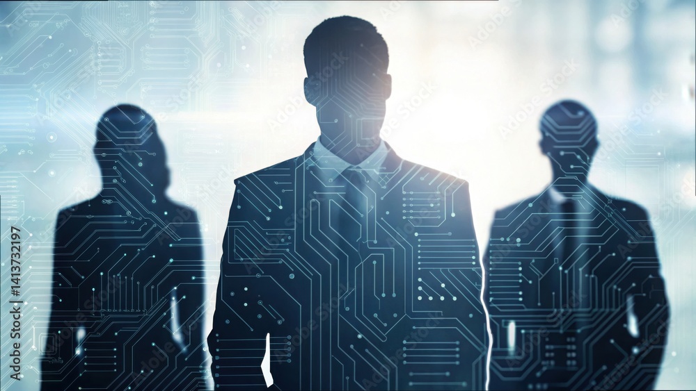 Poster Professionals in Suits with Circuit Patterns against a Luminous Background