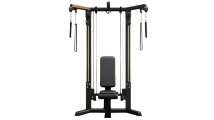 Lat Pulldown Machine: A robust lat pulldown machine with adjustable weights and a padded seat, ideal for upper body strength training exercises.