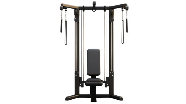 Lat Pulldown Machine: A robust lat pulldown machine with adjustable weights and a padded seat, ideal for upper body strength training exercises.