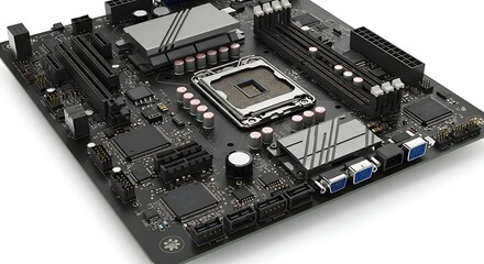 Sleek Black Motherboard: Detailed Computer Component Close-up