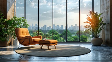 Modern office waiting area with large windows and city view 3D rendering 