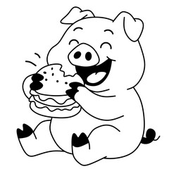 Vector illustration of a cute pig happily eating a burger. Ideal for fast food promotions, kids menu designs, mascot characters, and humorous animal illustrations.