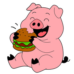Vector illustration of a cute pink pig happily eating a burger. Ideal for fast food promotions, kids menu designs, mascot characters, and humorous animal illustrations.