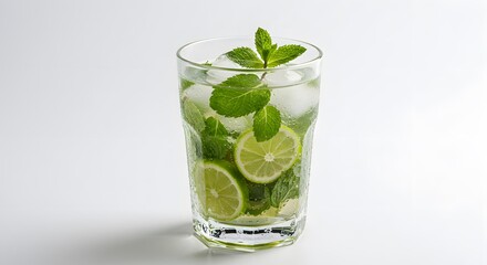 Refreshing summer beverage with lime, mint, and ice in a clear glass against a white background.