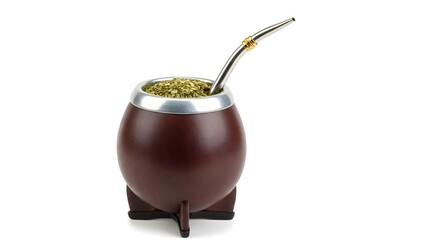 Traditional Mate cup and metal straw filled with yerba mate, isolated on a white background.