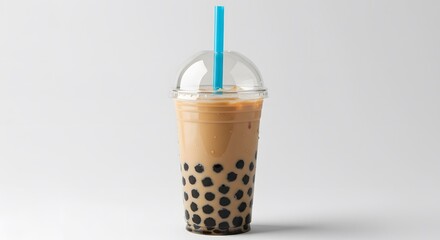 Refreshing beverage with tapioca pearls and a straw, perfect for a sweet treat on a bright day.