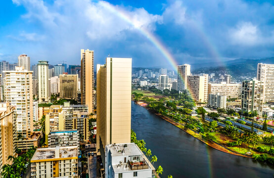 Colorful Ala Wai Canal Apartment Buildings, Honolulu, Oahu, Hawaii.