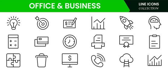 Vector illustration web line icon collection showcasing office and business essentials—documents, laptops, meetings, charts, briefcases, communication tools, teamwork, schedules, productivity, and wor