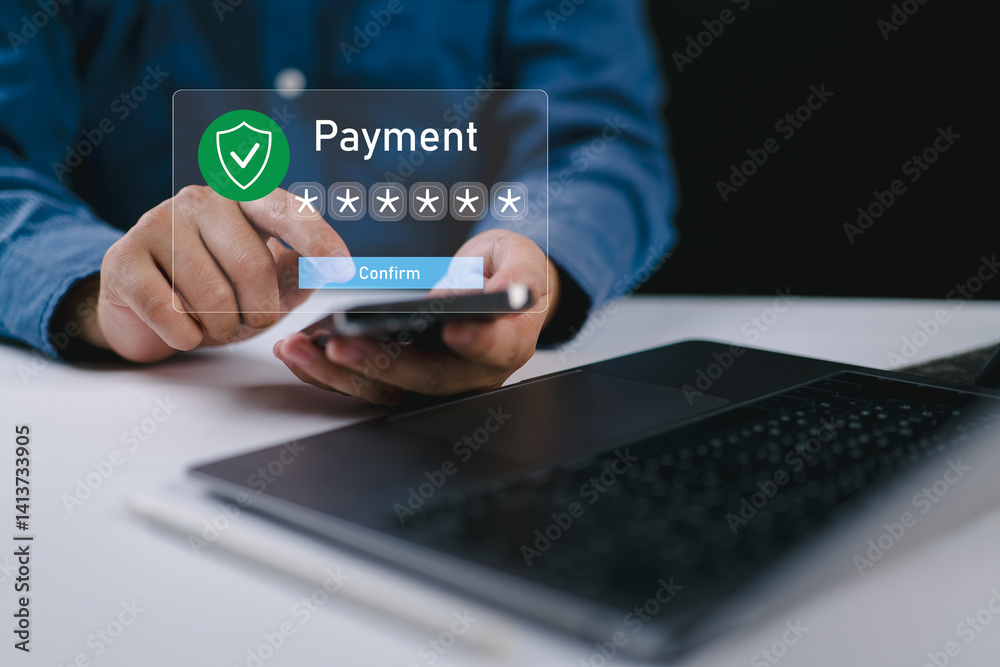 Poster Payment Confirmation Security: Mobile and Digital Shield Authentication for Safe Financial Transactions and Seamless Verification Processes.
