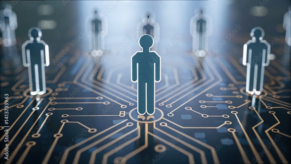 Poster Human Figures on Circuit Board with Data Flow and AI Integration