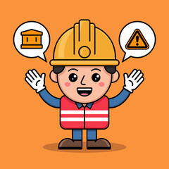 Obraz premium Cute Cartoon Construction Worker with Building and Warning Sign Bubbles
