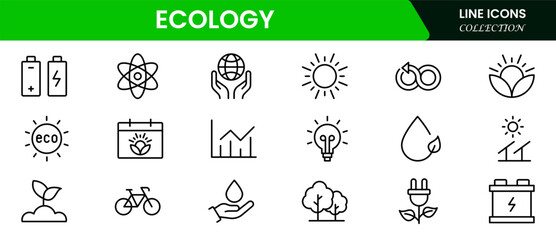 Vector illustration web line icon collection featuring ecology themes like renewable energy, recycling, green living, nature conservation, sustainability, earth care, and environmental protection.