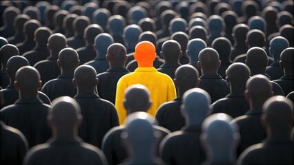 Obraz premium Unique Individual Highlighted Among Faceless Figures in Crowd Scene