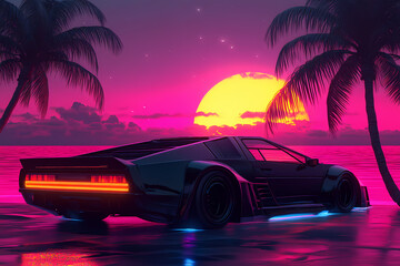 Cyberpunk Beachfront Dreamscape: A futuristic sports car, illuminated by neon lights, sits on a shimmering beach, framed by silhouettes of palm trees and the mesmerizing sunset sky. 