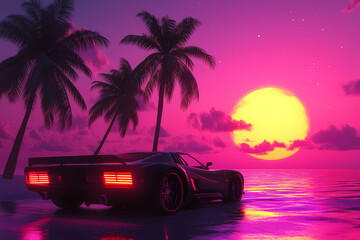 Retro Beach Dream: A sleek sports car sits poised on a beach, framed by swaying palm trees and a radiant sunset. Capturing the essence of a retro summer escape with a vibrant palette of colors.