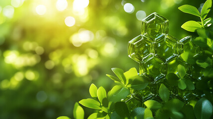 Close up of transparent cellulose cubes over a green trellised abstract background symbolizing sustainability molecular science innovation and eco friendly technology in modern design

