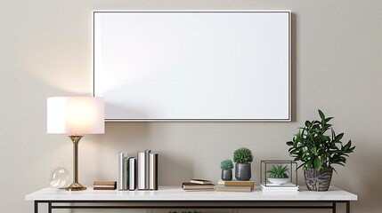 A white rectangular frame mounted above a hallway table, with books, small plants, and a modern lamp beneath. HD 8K wallpaper Photographic Image