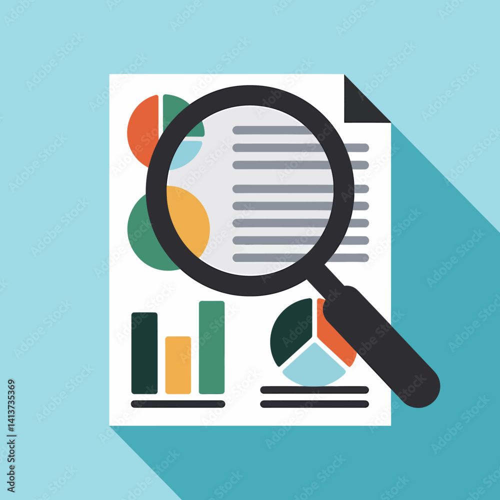 Poster data analysis with magnifying glass, chart and graph on document