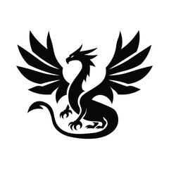 black winged dragon silhouette logo in sitting pose, minimalist vector design