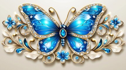 elegant sapphire butterfly adornment with golden filigree and shimmering diamonds on a soft neutral background showcases ethereal beauty
