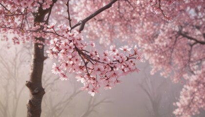 Fototapeta premium Soft pink sakura petals descend gracefully, a gentle breeze stirring the branches of a softly blurred sakura tree , blossom, flora
