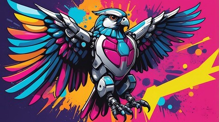 A robotic pop art falcon logo with metallic neon effects and a bold graffiti backdrop