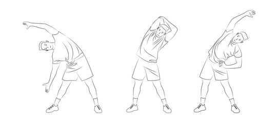 Cardio Workout Pose Outline, Vector Illustration of a Man Doing Overhead Arm Side Stretch