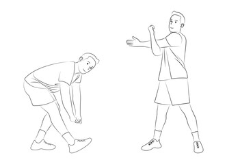 Vector Illustration of a Man Performing Toe Touch and Arm Stretch Exercises in Outline Style