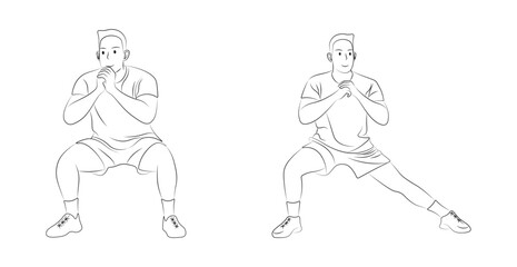 Cardio Workout Pose Outline, Vector Illustration of a Man Doing Squat Exercise.
