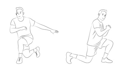 Cardio Workout Pose Outline, Vector Illustration of a Man Doing a Lunge Stretch