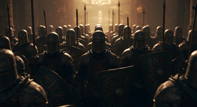 Knights Marching in Formation with Shields and Spears