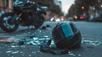 Scene of a Motorcycle Accident: The aftermath of a motorcycle accident, showcasing a damaged helmet and scattered debris on the road, with the bike in the background. 