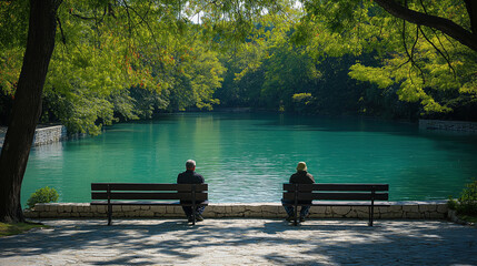 Serene riverside scene with two people sitting on separate benches, enjoying peaceful morning under shade of lush green trees. calm turquoise water reflects tranquility of environment