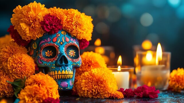 Day of the Dead Skull with Marigolds and Candles