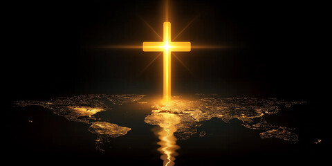 Glowing cross illuminating planet earth at night, christian symbolism and global spirituality