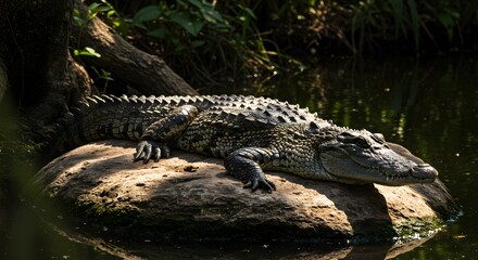 Obraz premium Crocodile basking with river rock, and jungle.
