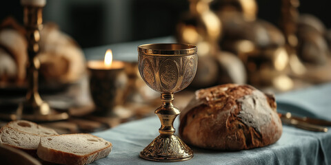 Fototapeta premium Concept of eucharist, holy communion, last supper with chalice and bread on table