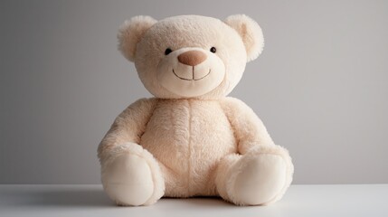Obraz premium light beige-colored teddy bear sitting on a white surface against a plain gray background