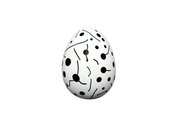 Easter egg with minimalistic black pattern. Ornament of stripes, lines and dots. Chicken eggs on white background. Festive card for religious holiday Happy Easter.
