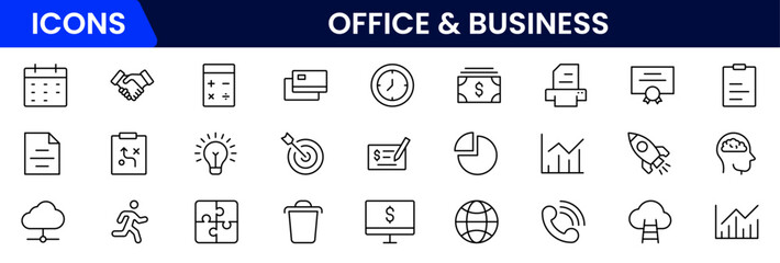 Vector illustration web line icon collection showcasing office and business essentials—documents, laptops, meetings, charts, briefcases, communication tools, teamwork, schedules, productivity, and wor