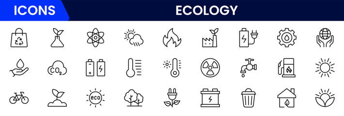 Vector illustration web line icon collection featuring ecology themes like renewable energy, recycling, green living, nature conservation, sustainability, earth care, and environmental protection.