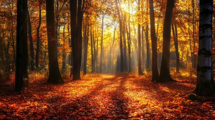 Fototapeta premium Golden Autumn Forest Path: Sunbeams Dance Through the Trees